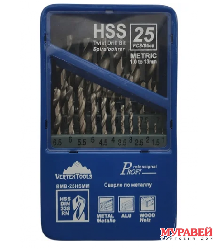 Набор сверел по металлу 25шт,1,5-6,5мм VERTEX